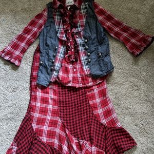 Red Plaid 3 PC Skirt Set/Vest/Shirt Ruffled